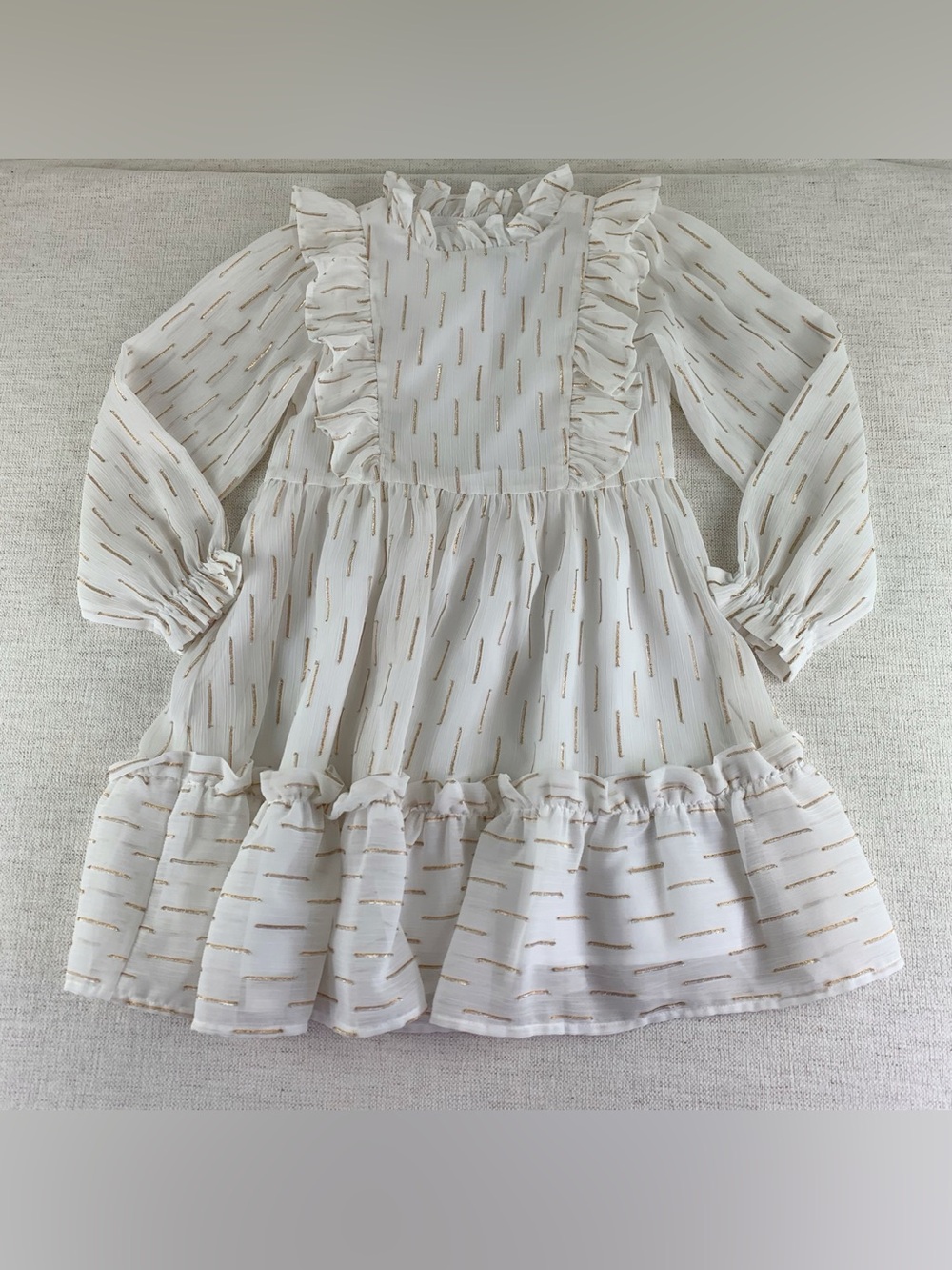 Janie and Jack Girl's 6 long sleeve ruffle metallic chiffon Dress white gold
